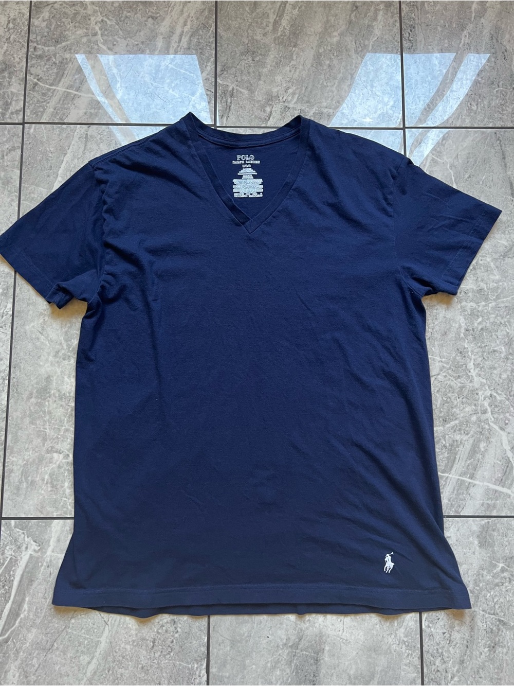 Polo Ralph Lauren Men’s V-Neck T-Shirt Navy Embroidered Classic Fit White Pony L